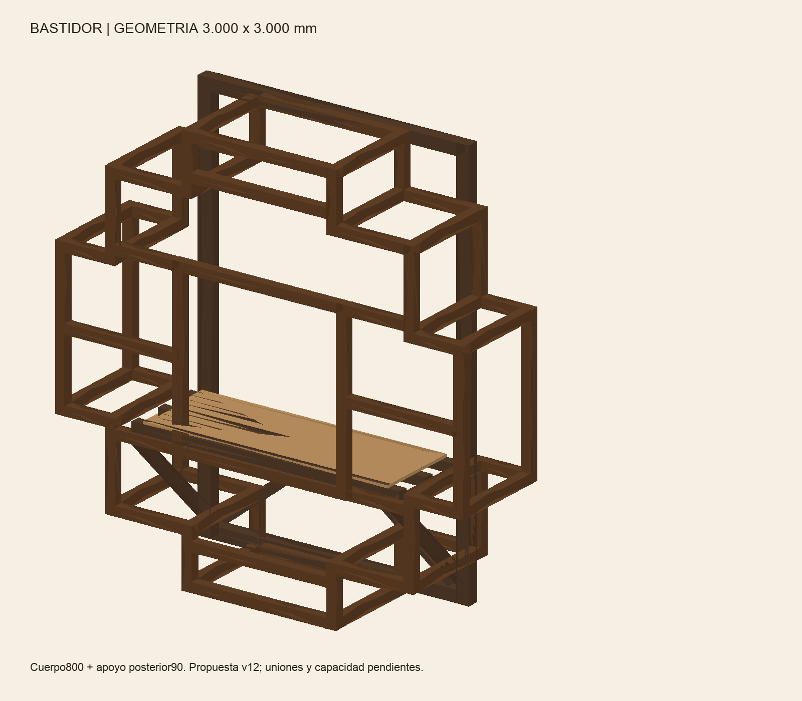 Bastidor, tres apoyos y tablero de fenólico en el modelo 3D